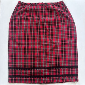 Vintage Penelope Red Plaid Midi Skirt Lace Trim Small Holiday Classic